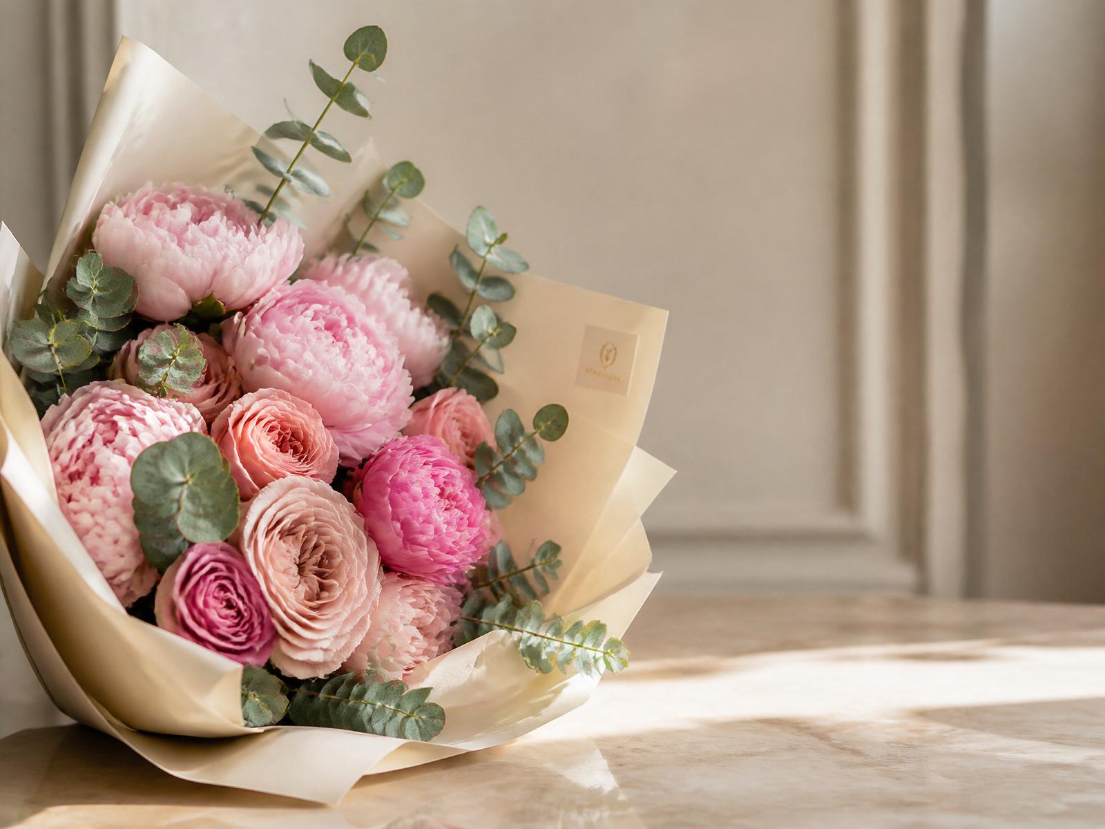 Luxury pink peony and garden rose bouquet by Luna Flora